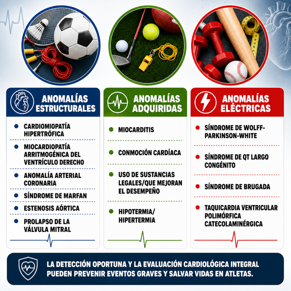 Infografía sobre las principales causas de muerte súbita cardíaca en atletas jóvenes, como futbolistas de alto rendimiento clasificadas en anomalías estructurales, adquiridas y eléctricas.