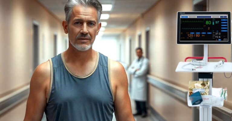 Paciente realizando la prueba de caminata de 6 minutos con monitoreo de signos vitales en estación diagnóstica DS-20 SCHILLER